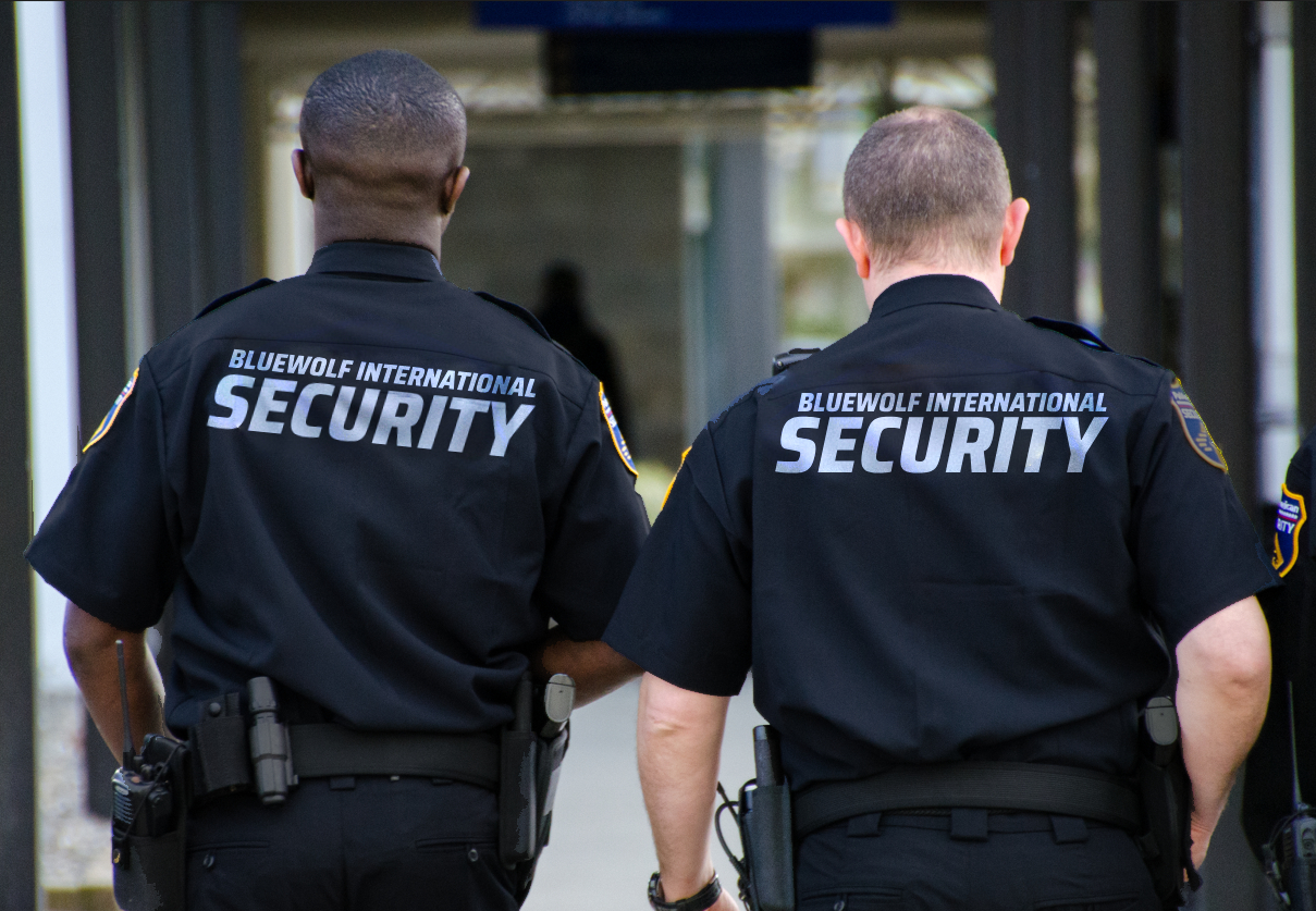 Event security team managing crowd control at a busy public event in West Hollywood.