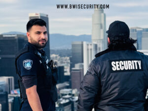 Two BlueWolf Security guards standing on a rooftop in California, ensuring safety with the city skyline in the background.