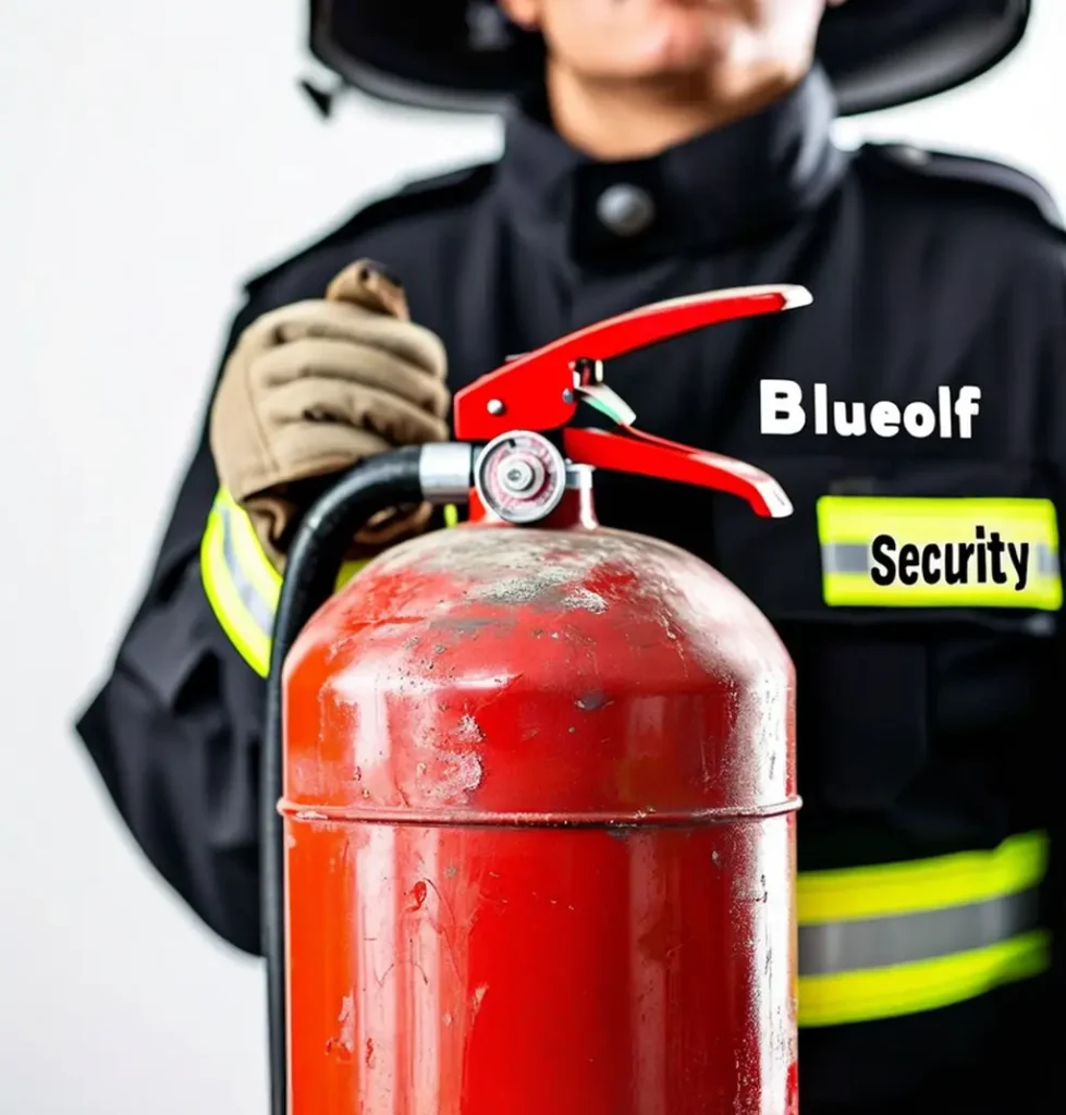 BlueWolf firewatch security guard holding a fire extinguisher, ready for emergency response