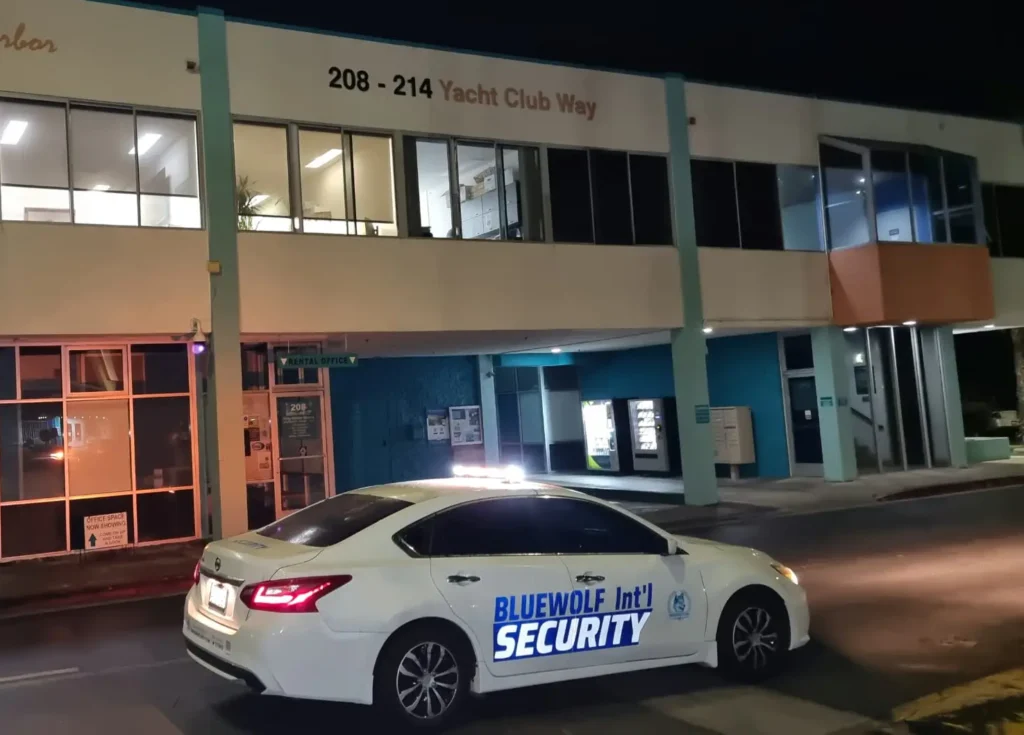 BlueWolf roving patrol security vehicle monitoring a harbor in Los Angeles, California